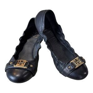 Tory Burch Classic Ambrose Black Leather Logo Ballet Flat Size 8.5M